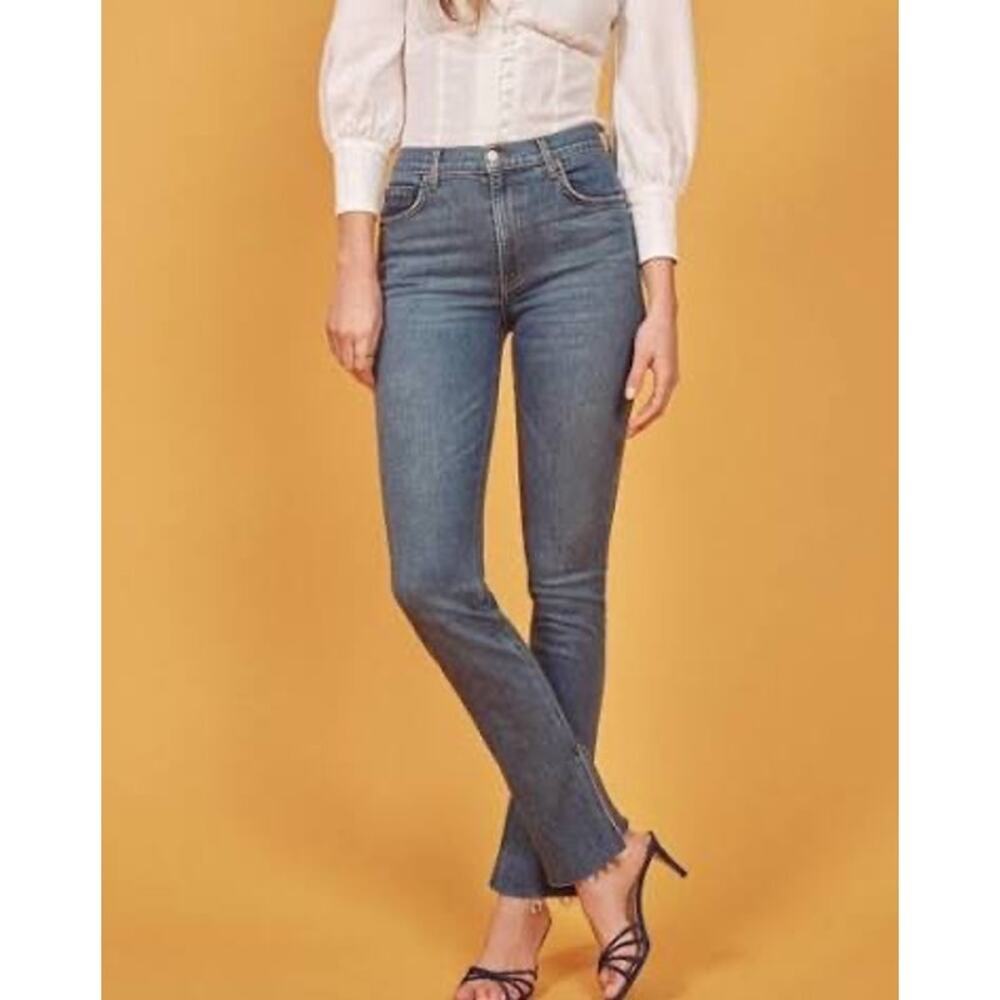 Reformation Riley Jean Mid-Rise Straight Leg Raw Hem in Midwash Blue Women's 25
